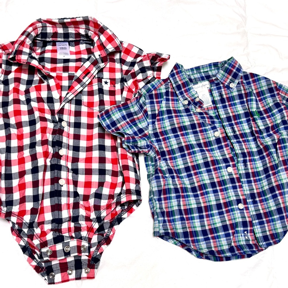 Plaid Kids Shirts Set - Red and Blue